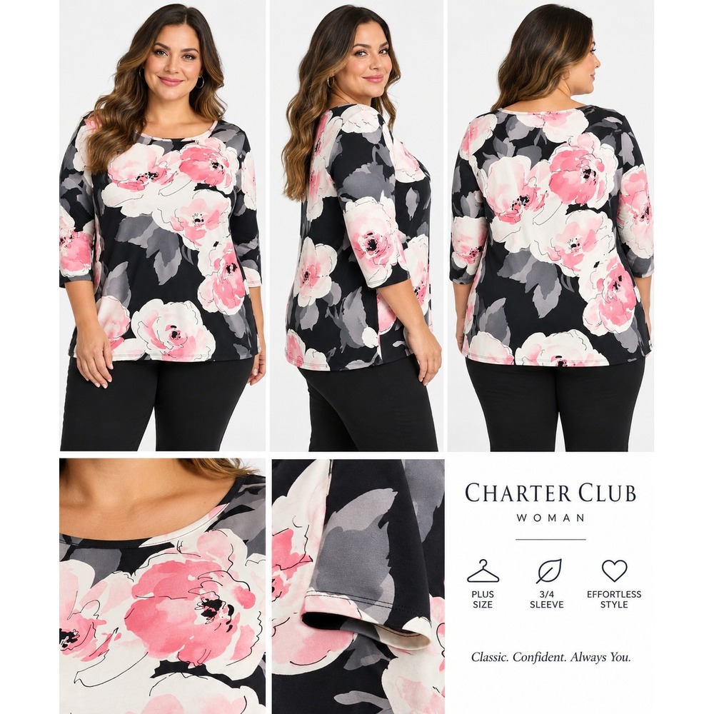 Charter Club Woman Pink Floral 3/4 Sleeve Knit Top Black Plus Size 3X NEW